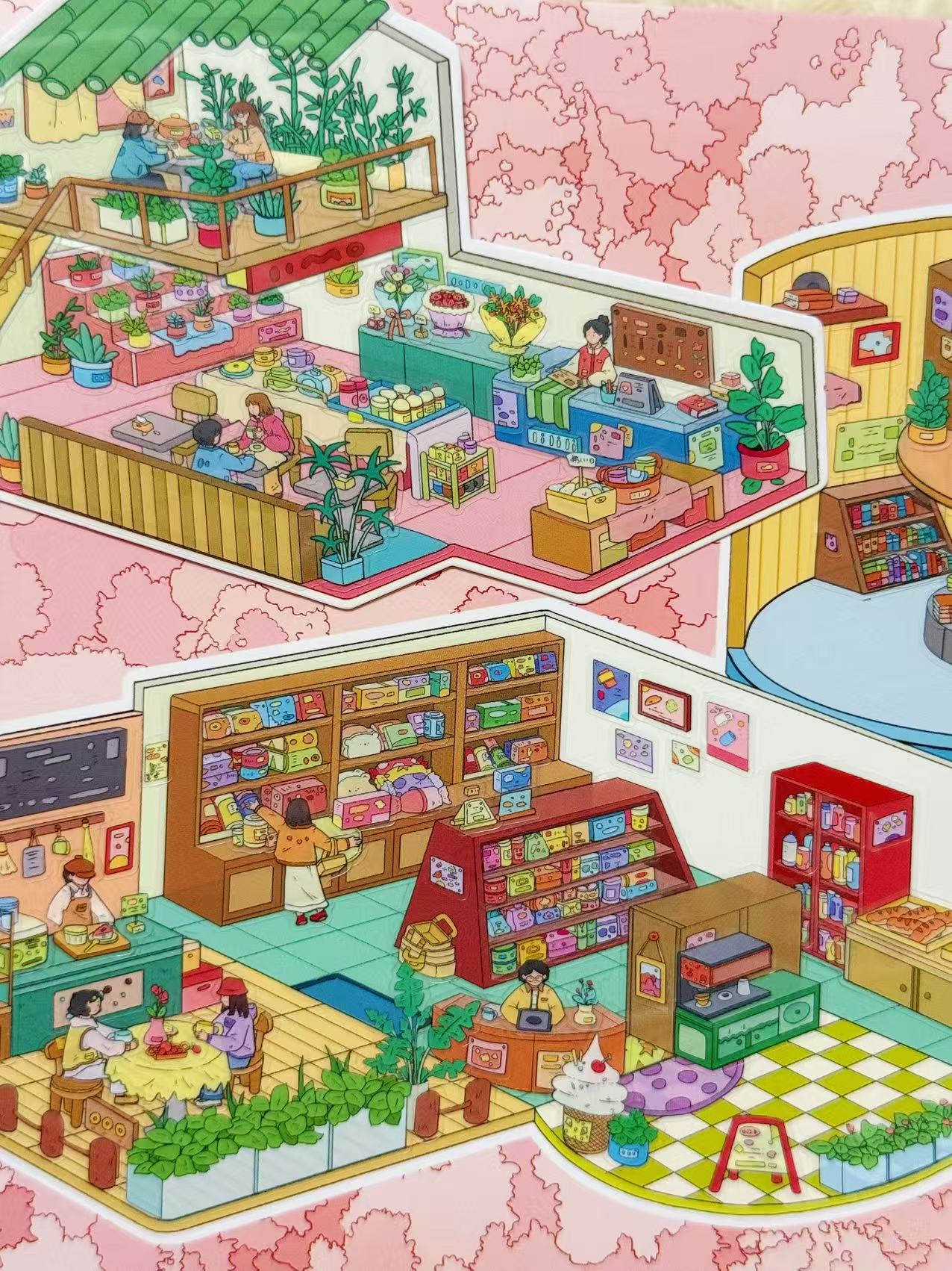 Illustration of a colorful indoor shopping mall with various shops and people.