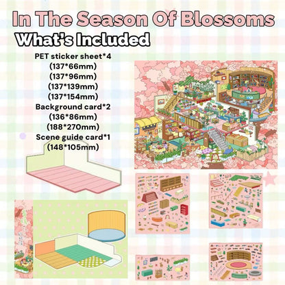 Illustrated set of stationery items with cherry blossom theme and product details.