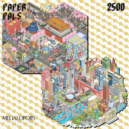 Illustration of a cityscape with various buildings and elements, labeled 'Paper Pals Megalopoliis'.