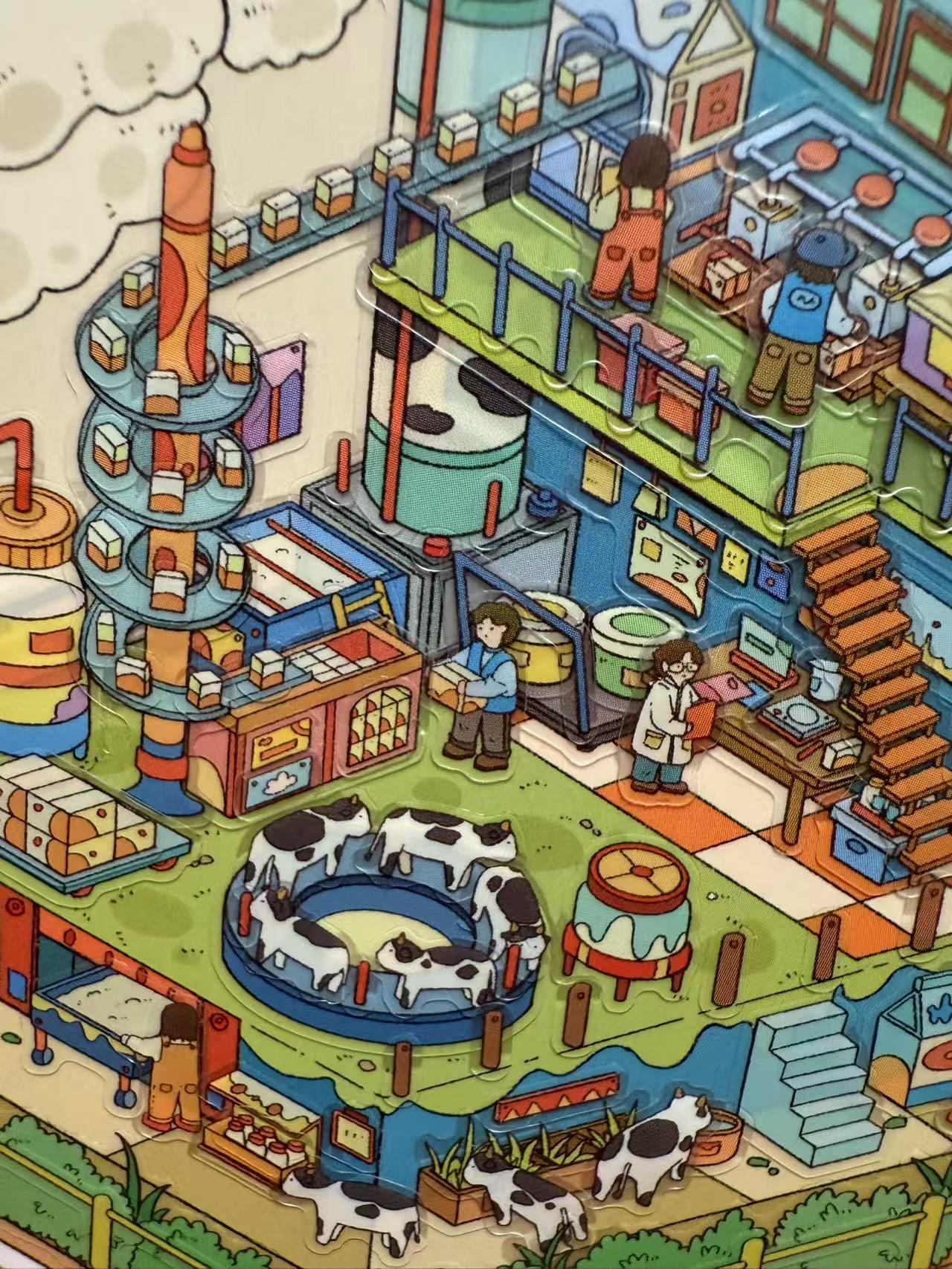 Colorful illustration of a factory with workers and machinery
