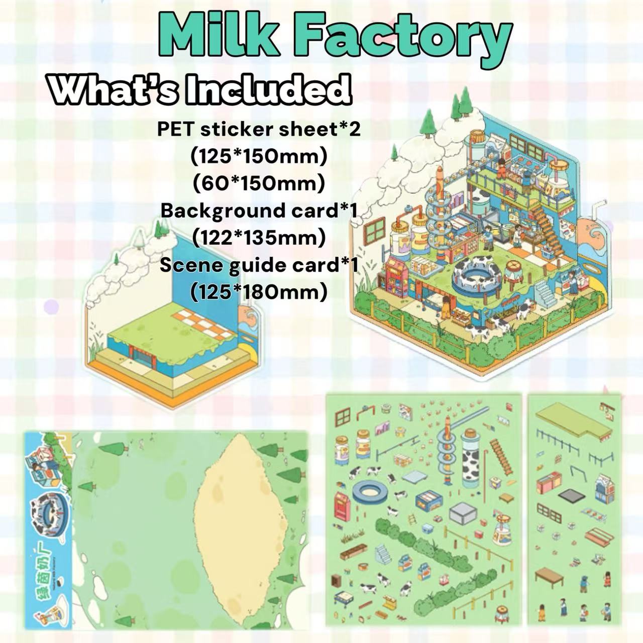Milk factory-themed product set with stickers, background card, and scene guide card on a colorful background.