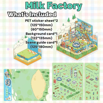 Milk factory-themed product set with stickers, background card, and scene guide card on a colorful background.