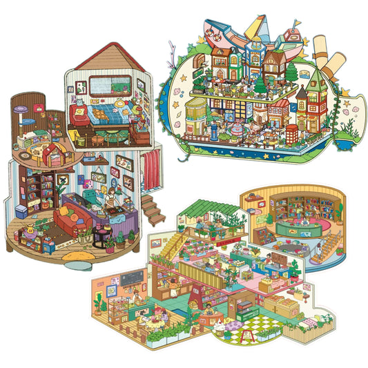 Illustrations of various detailed rooms and a cityscape on a white background