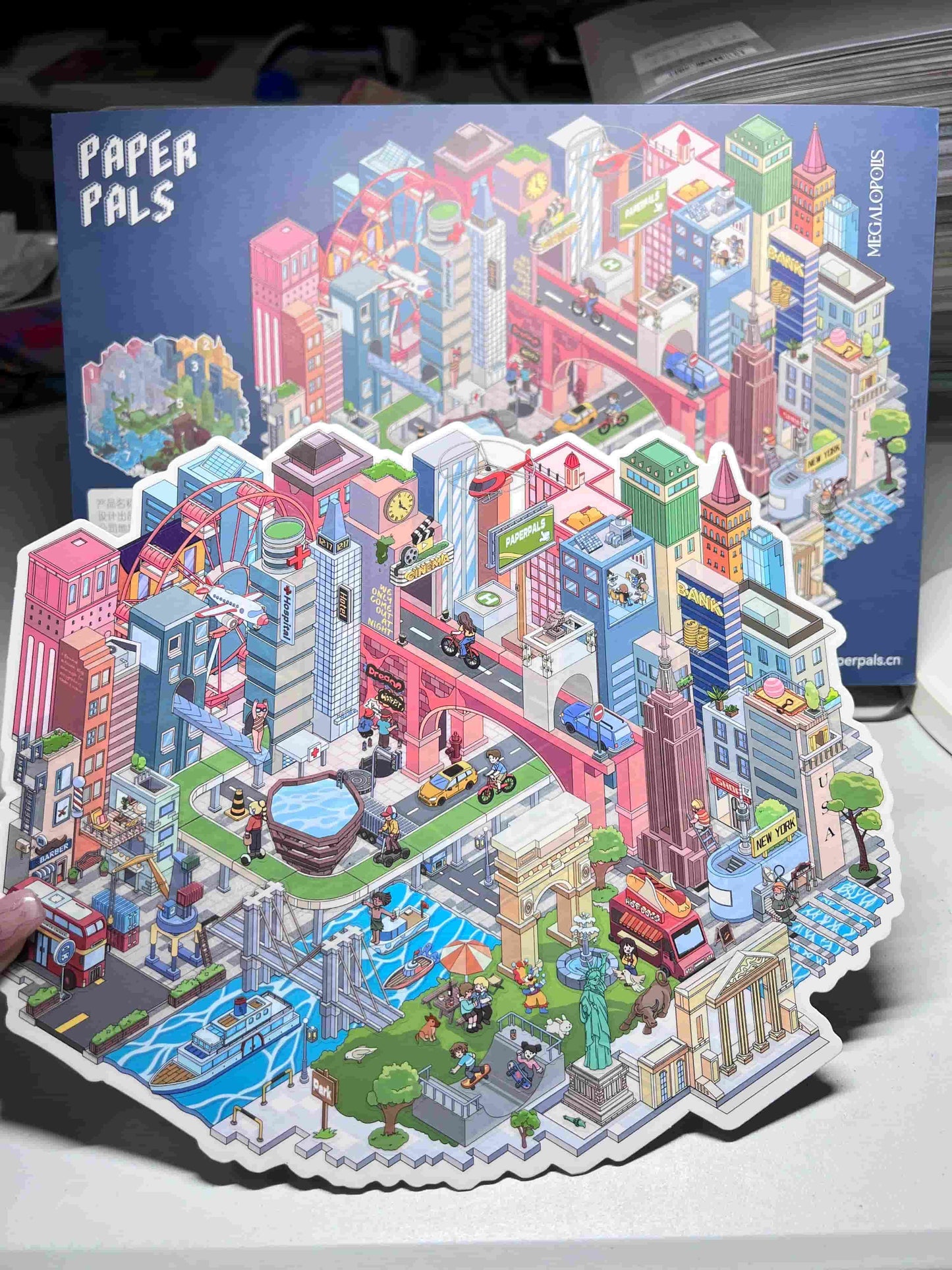 3D paper model of a cityscape scene sticker