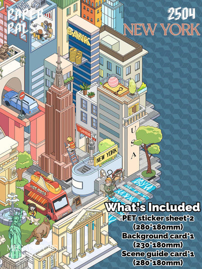 Illustrated cityscape of New York with various elements and text on a blue background.
