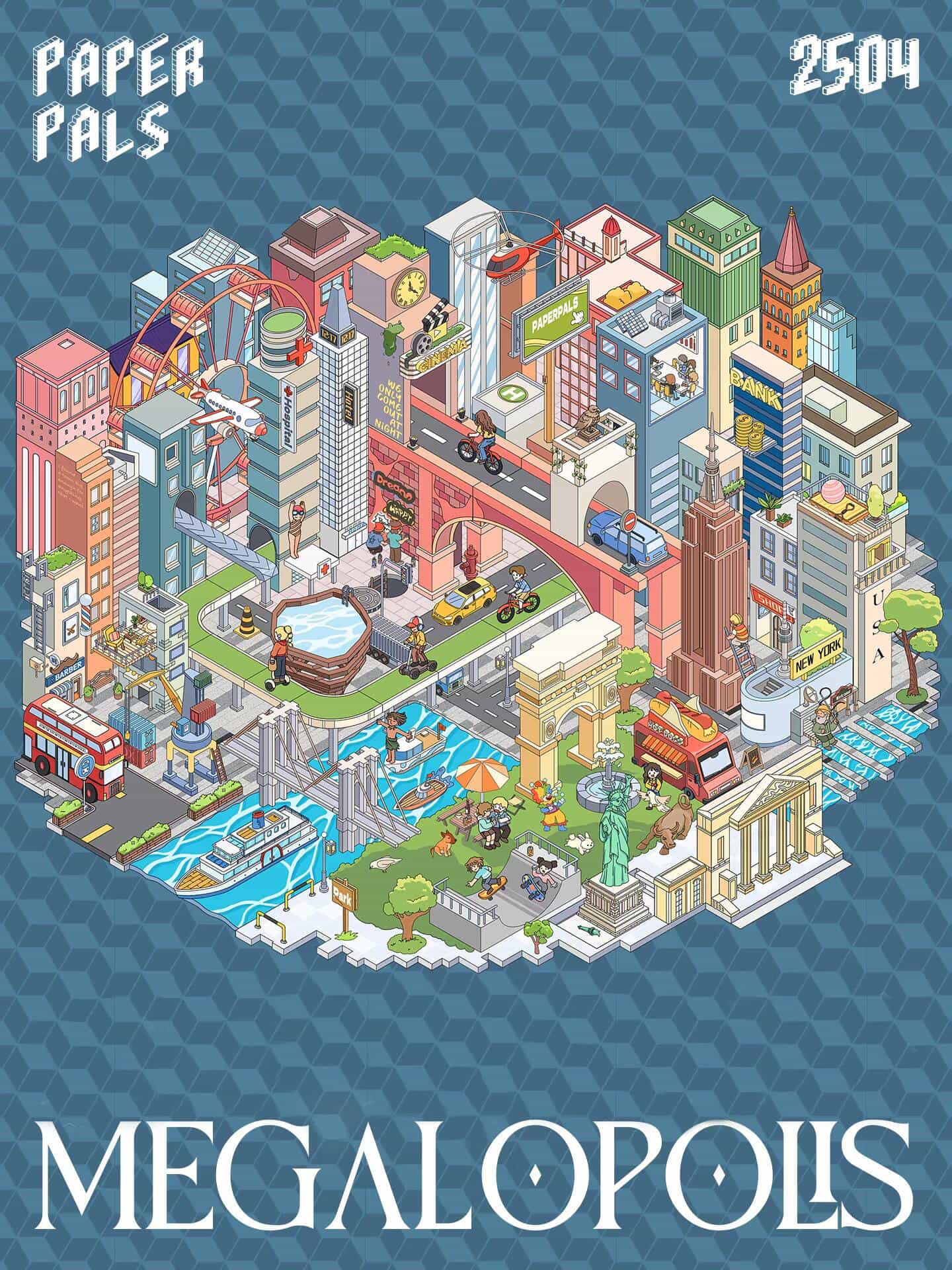Illustration of a cityscape titled 'Megalopolis' on a blue patterned background.