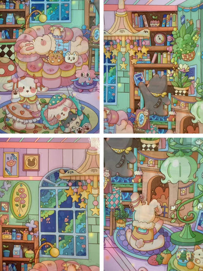 Four colorful illustrations of cute animal characters in various rooms.