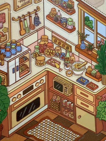Illustration of a cozy kitchen with various appliances and items.