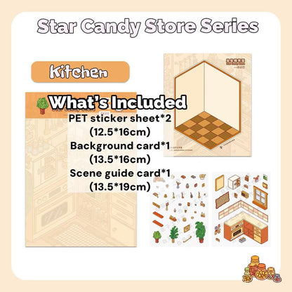 Product packaging for a kitchen-themed set including PET sticker sheet, background card, and scene guide card.