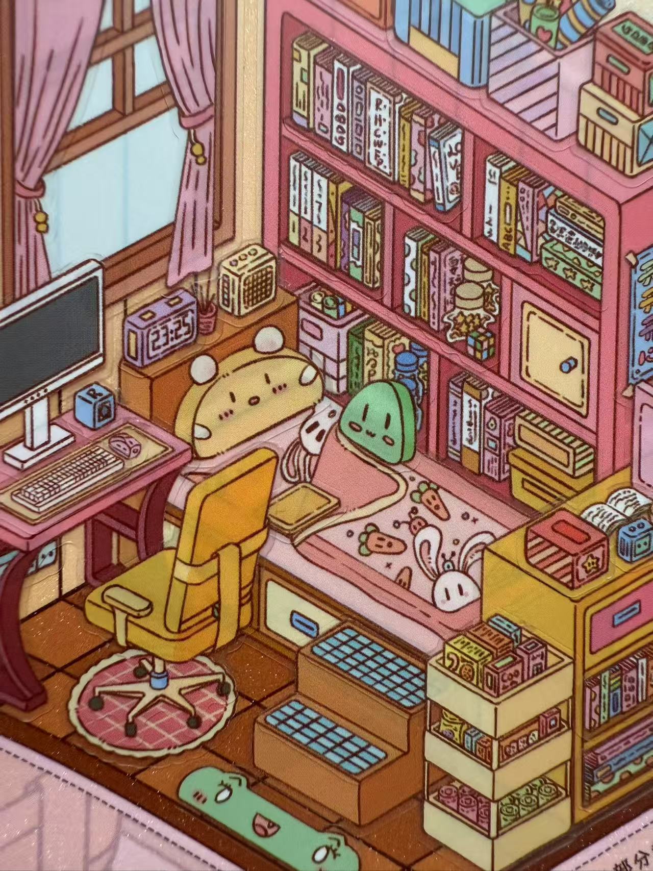 Illustration of a cozy room with a desk, chair, and bookshelves.