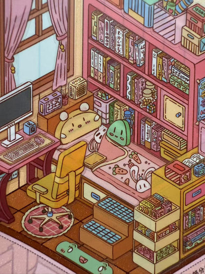 Illustration of a cozy room with a desk, chair, and bookshelves.