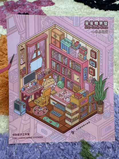 Illustrated sticker sheet with a room scene on a textured surface