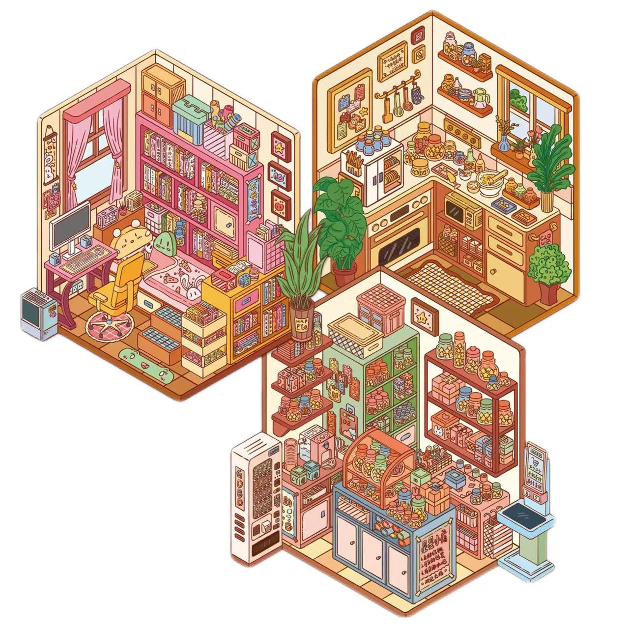 Illustration of a colorful, detailed kitchen ,store and living room with furniture and decor.