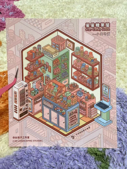 Illustration of a candy store with shelves and products on a textured background