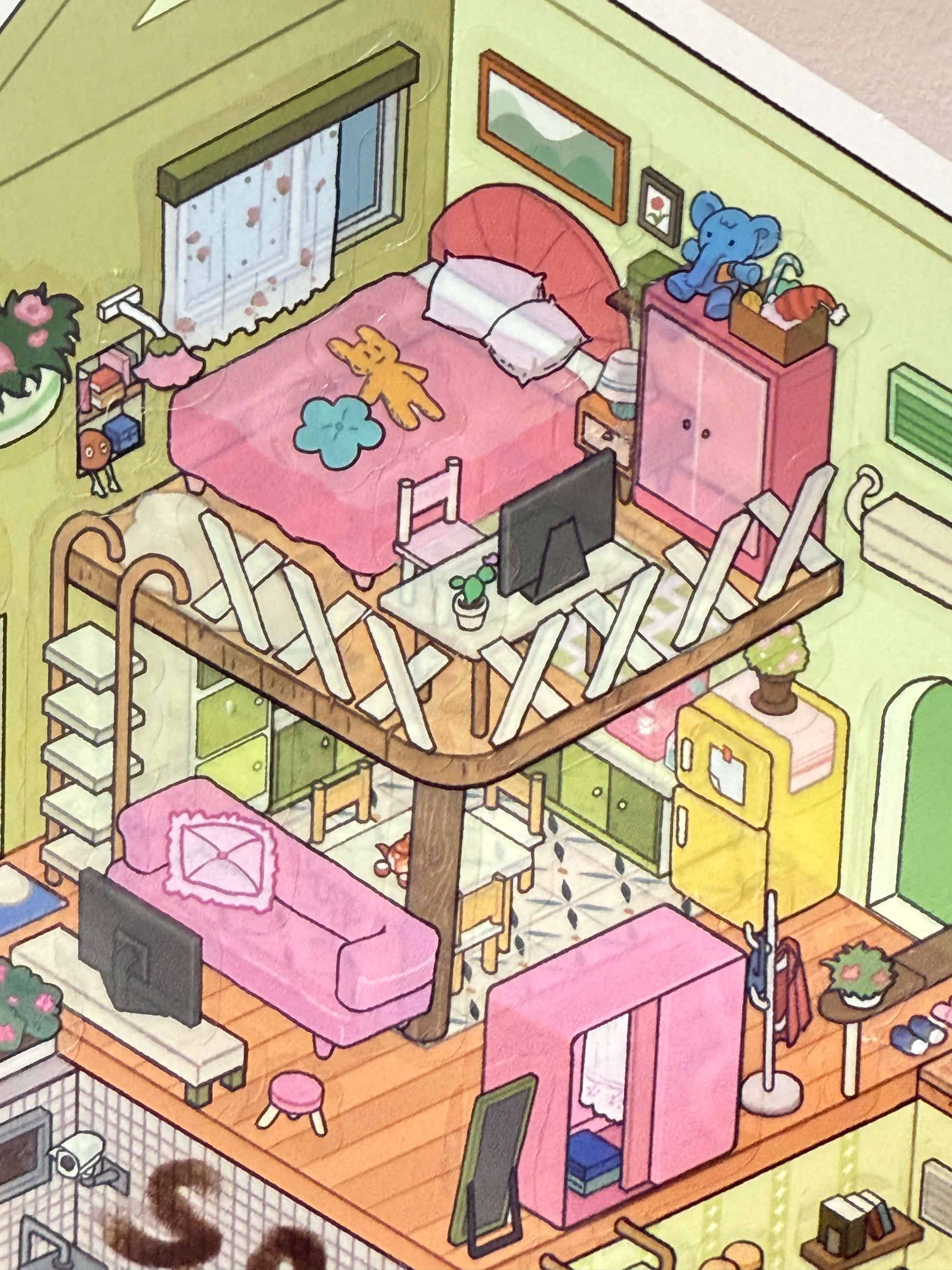 Colorful isometric illustration of a cozy apartment interior with furniture and decor.