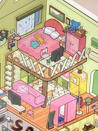 Colorful isometric illustration of a cozy apartment interior with furniture and decor.