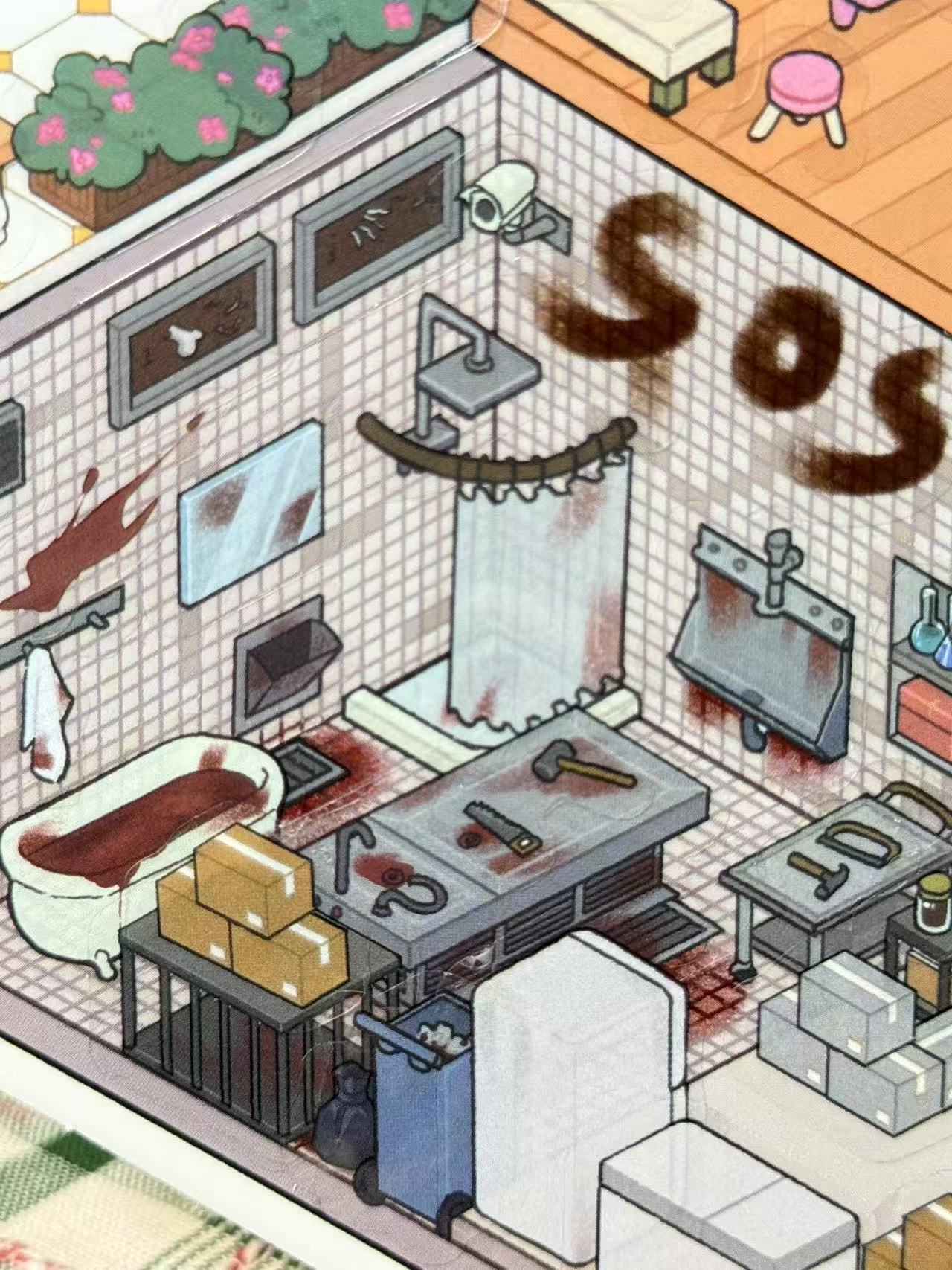 Isometric illustration of a bathroom with bloodstains and 'SOS' text