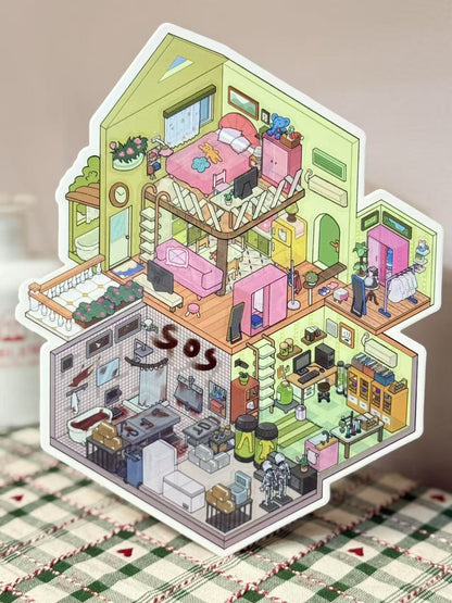 Illustration of a house with rooms labeled 'SOS' on a checkered surface.