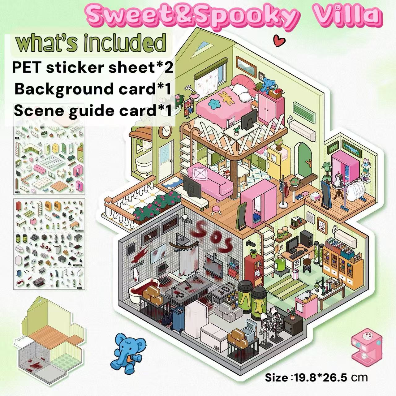 Illustration of a dollhouse with included items like a pet sticker sheet, background card, and scene guide card.