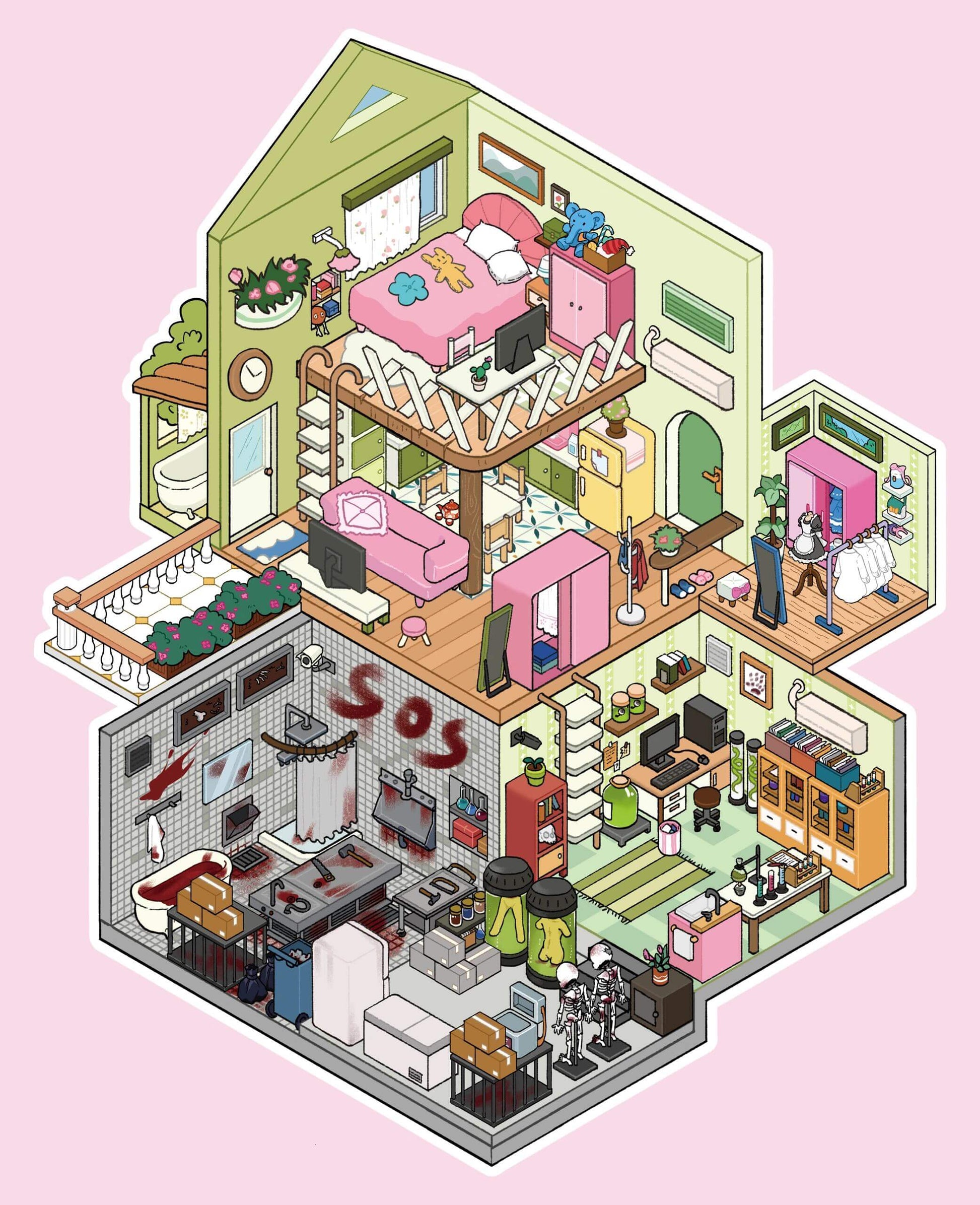 Illustrated house with various rooms and furniture on a pink background