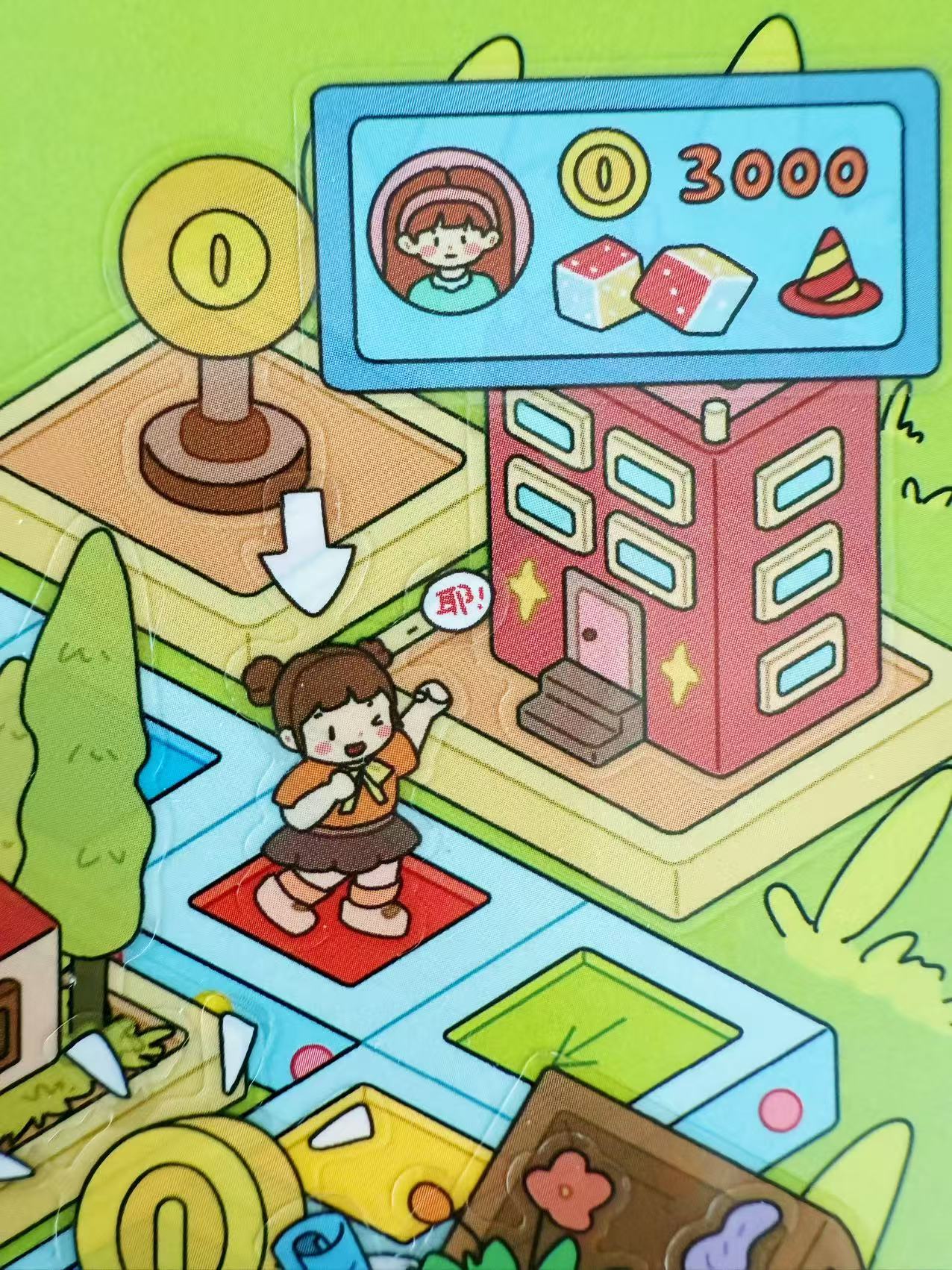 Cartoon character standing on a red mat in front of a building with a digital display showing points.