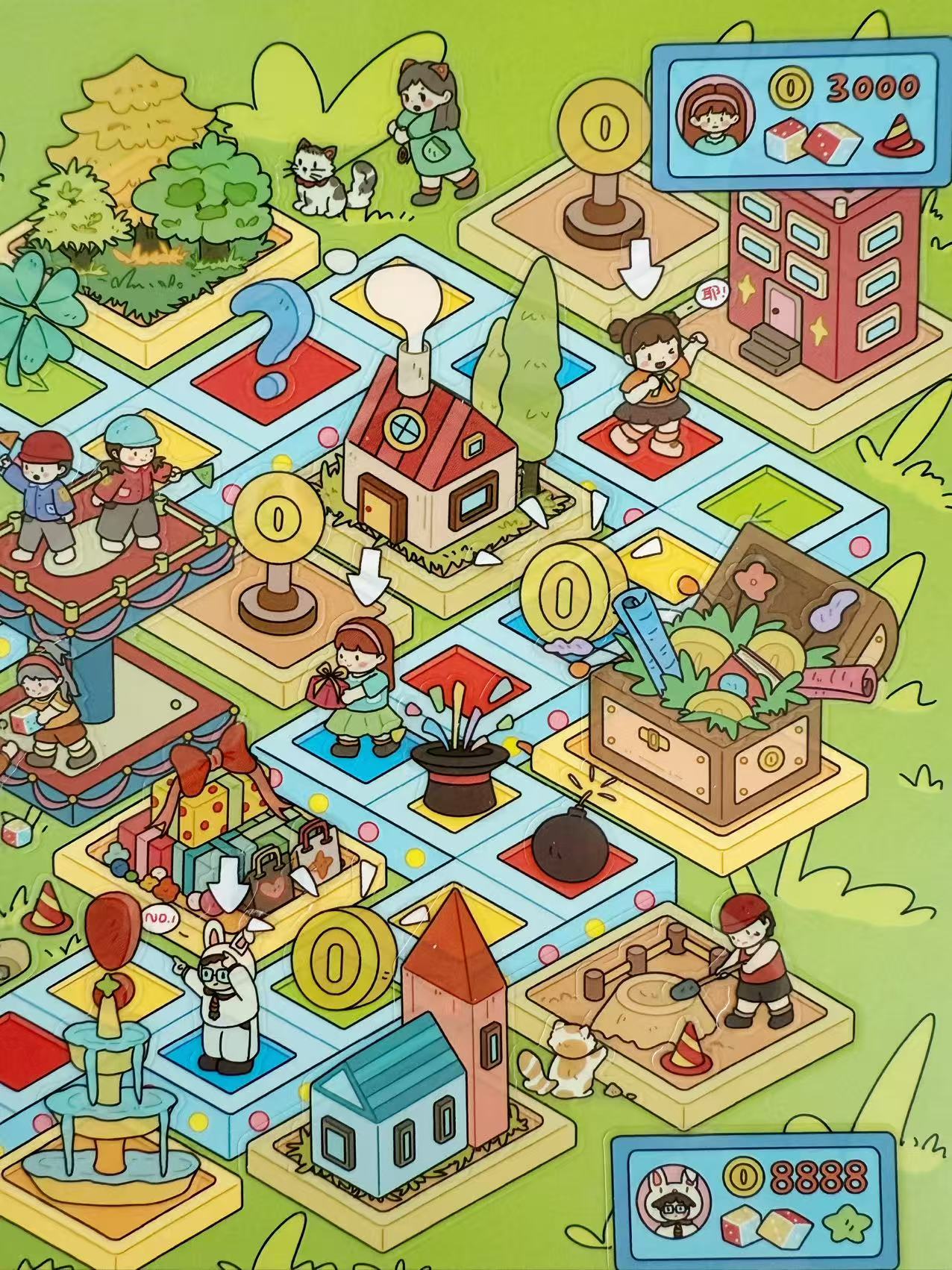 Colorful isometric game map with various activities and characters on a green background