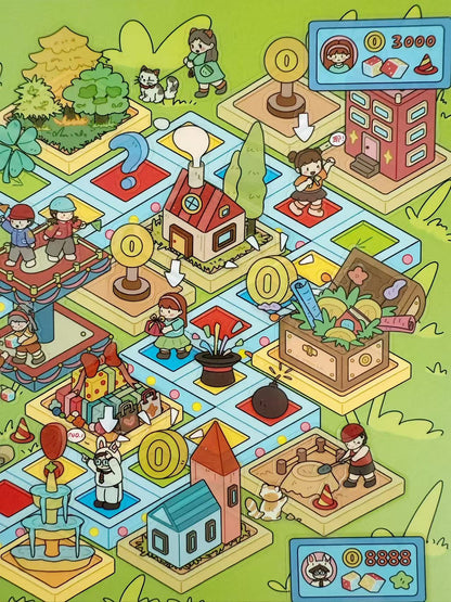 Colorful isometric game map with various activities and characters on a green background