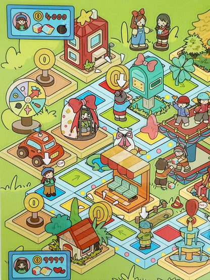 Colorful isometric game map with characters and objects on a green background