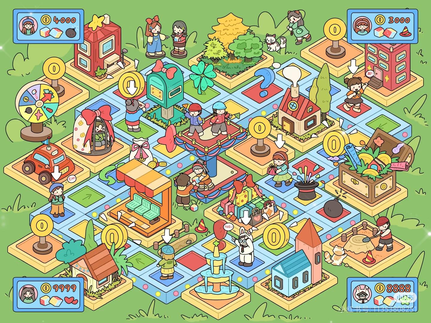 Colorful isometric board game layout with various characters and activities