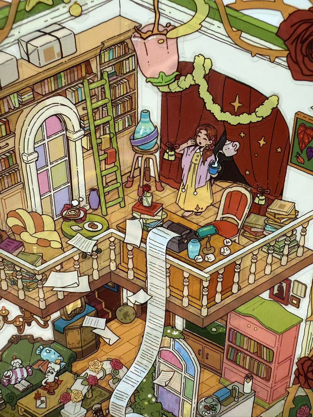 Illustration of a cozy, cluttered room with books and furniture.