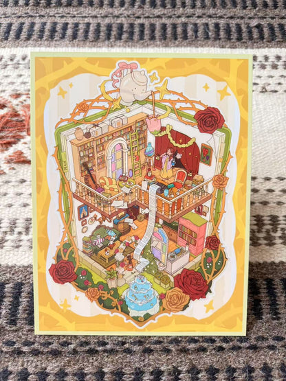 Illustrated miniature house with various rooms and decorative elements on a textured fabric background.