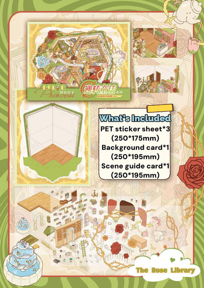 Product packaging with illustrations and text detailing included items, featuring a cartoon character and decorative elements.