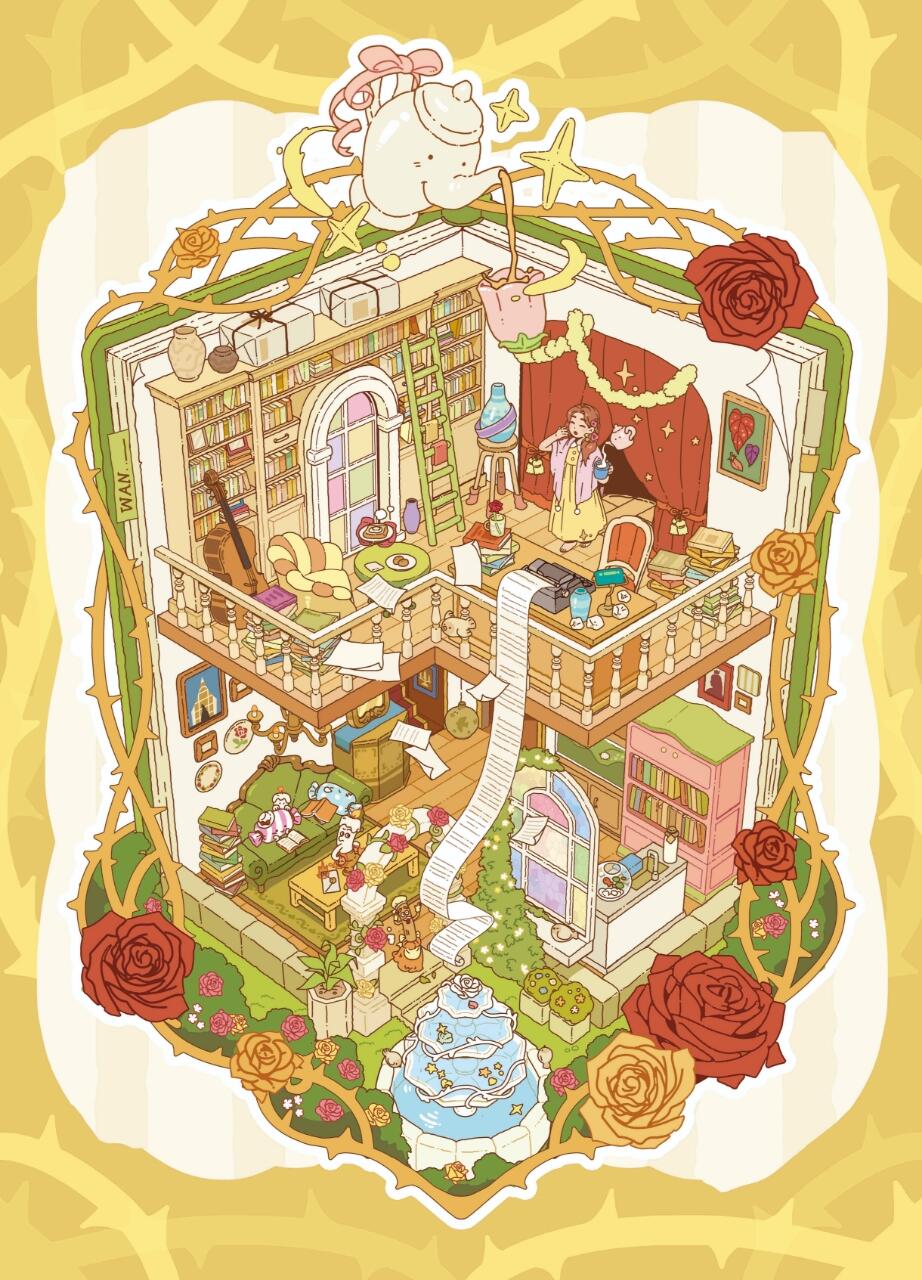 Illustration of a detailed house interior with various rooms and decorative elements.