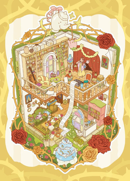 Illustration of a detailed house interior with various rooms and decorative elements.