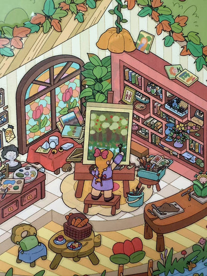 Illustration of a bear artist in a cozy room with books and art supplies