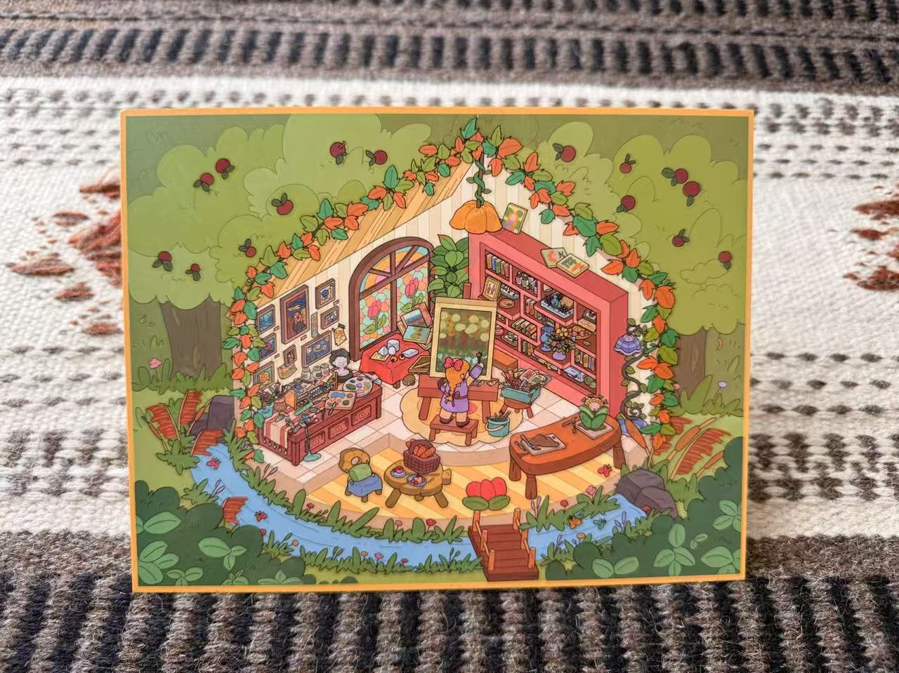 Illustrated cozy room with books, plants, and furniture on a textured surface