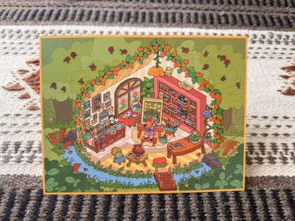Illustrated cozy room with books, plants, and furniture on a textured surface