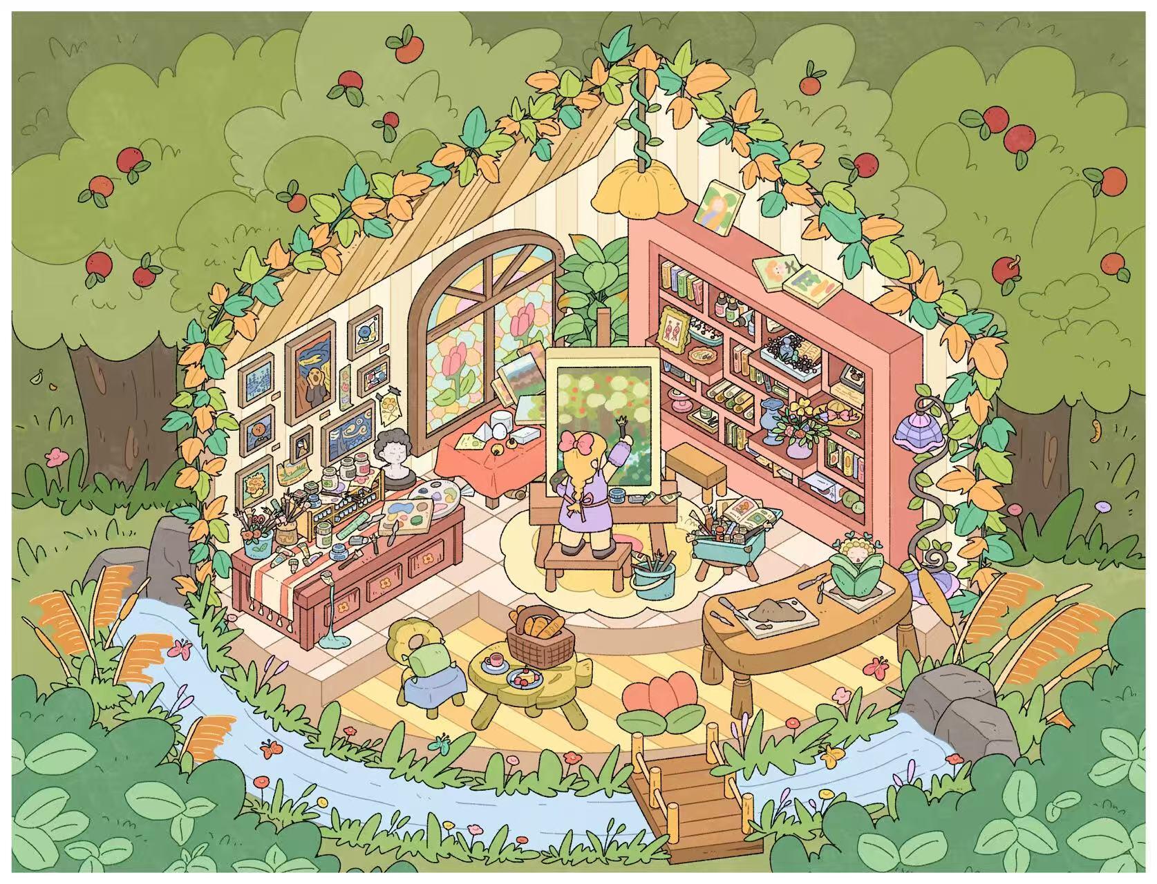 Illustration of a cozy garden house with a small garden and various activities inside.