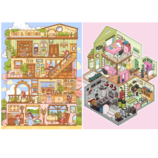 Illustration of a colorful dollhouse with detailed rooms on a white background